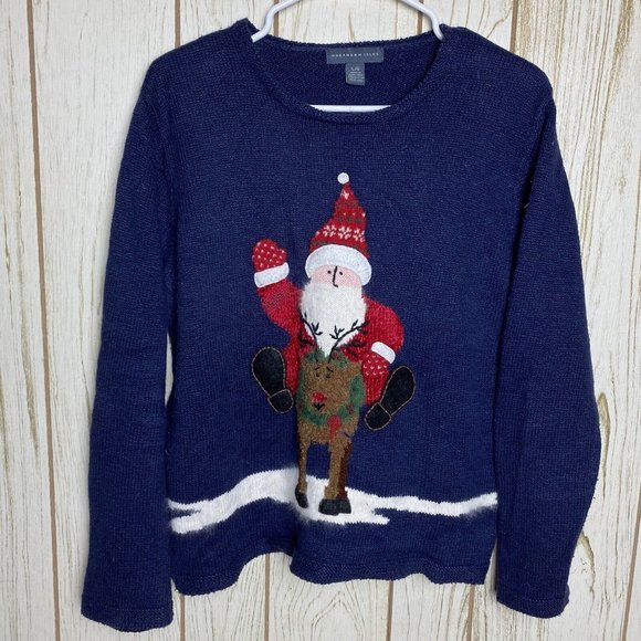 Northern Isles Sweaters - Northern Isles Christmas Knit Sweater Large Santa Navy Rudolph Reindeer Ugly